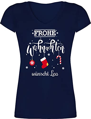 T-Shirt Damen V Ausschnitt - Geschenke Christmas - Frohe Weihnachten Lettering Wunschtext - L - Dunkelblau - personalisiertes Weihnachts Tshirt 2023 2022 weihnachtsmotiv und personalisierte von Geschenk mit Namen personalisiert by Shirtracer