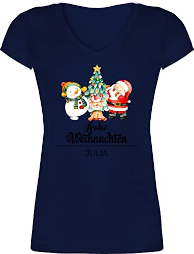 T-Shirt Damen V Ausschnitt - Geschenke Christmas - Frohe Weihnachten Watercolor mit Wunschname - M - Dunkelblau - weihnachtsmotive Tshirt Weihnachts weihnachtliche t Shirt weihnachtsmotiven t-Shirts von Geschenk mit Namen personalisiert by Shirtracer