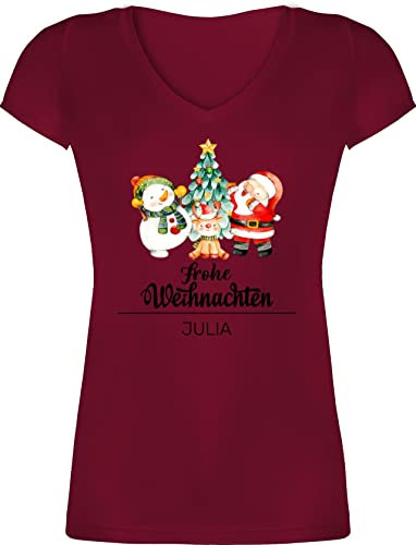 T-Shirt Damen V Ausschnitt - Geschenke Christmas - Frohe Weihnachten Watercolor mit Wunschname - XL - Bordeauxrot - weihnachtsshirt personalisierte Weihnachts t-Shirts Tshirt weihnachtsmotive Shirt von Geschenk mit Namen personalisiert by Shirtracer