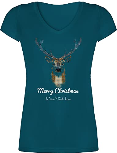 T-Shirt Damen V Ausschnitt - Weihnachten Geschenke Christmas - Pixel Hirsch mit Wunschtext - M - Türkis - Weihnachts Tshirt 2023 Frohe Name weihnachtsmotiv und weihnachtsshirt weihnachtlich Merry von Geschenk mit Namen personalisiert by Shirtracer