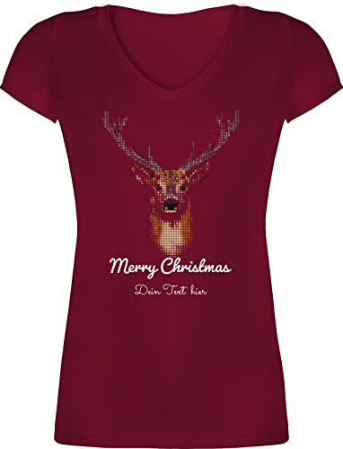 T-Shirt Damen V Ausschnitt - Weihnachten Geschenke Christmas - Pixel Hirsch mit Wunschtext - XXL - Bordeauxrot - Weihnachts Tshirt weihnacht Merry Shirt weihnachtsshirt weihnachtliche Oberteil von Geschenk mit Namen personalisiert by Shirtracer