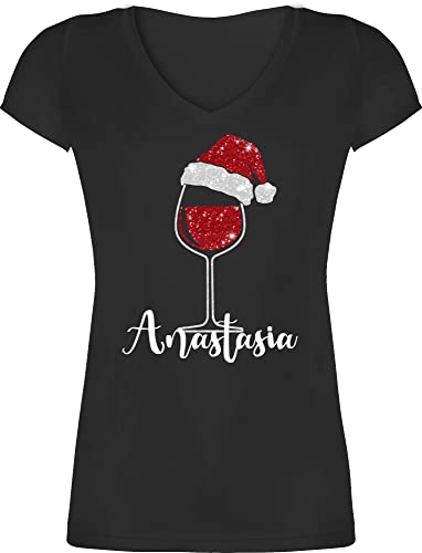 T-Shirt Damen V Ausschnitt - Weihnachten Geschenke Christmas - Weinglas mit Weihnachtsmütze in Glitzeroptik und Name - M - Schwarz - weihnachtsshirt Weihnachts Tshirt weihnacht Glitzer Shirt von Geschenk mit Namen personalisiert by Shirtracer