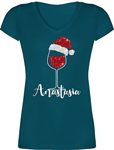 T-Shirt Damen V Ausschnitt - Weihnachten Geschenke Christmas - Weinglas mit Weihnachtsmütze in Glitzeroptik und Name - XXL - Türkis - v-Ausschnitt Weihnachts Tshirt weihnachtliche Shirt von Geschenk mit Namen personalisiert by Shirtracer