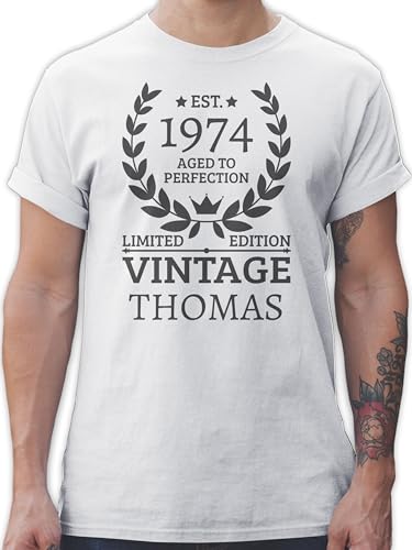 T-Shirt Herren - 50. Geburtstag - Est.1974 Aged to Perfection - Limited Edition - Vintage mit Name - M - Weiß - 50 1974 fünfzigsten 1973 Jahre Geschenke zum personalisierte und fünfziger est von Geschenk mit Namen personalisiert by Shirtracer