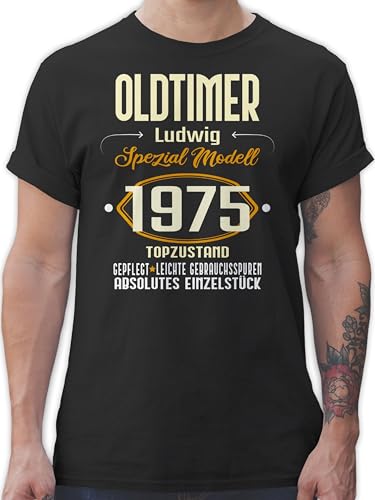 T-Shirt Herren - 50. Geburtstag - Oldtimer Spezial Modell 1975 - zum Fünfzigsten - eigener Name - hell - M - Schwarz - Tshirt 50 50er fünfziger 1973 für männer Mann personalisierte Jahre von Geschenk mit Namen personalisiert by Shirtracer