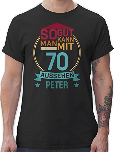 T-Shirt Herren - 70. Geburtstag - So gut kann Man mit 70 Aussehen - eigener Name zum Siebzigsten - rot blau - L - Schwarz - Shirt Mann Tshirt 70er 70.Geburtstag für männer Jahre 70sten Shirts von Geschenk mit Namen personalisiert by Shirtracer
