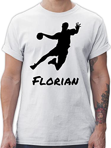 T-Shirt Herren - Geschenke Handball Zubehör - Handballer Silhouette mit Name - L - Weiß - personalisiertes Shirt von Geschenk mit Namen personalisiert by Shirtracer