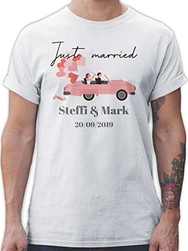 T-Shirt Herren - Hochzeit - Just Married - Name Datum Hochzeitstag - L - Weiß - Tshirt pärchen Bedruckt Auto Personalisieren personalisierte zur für als Geschenke von Geschenk mit Namen personalisiert by Shirtracer