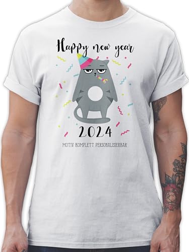 T-Shirt Herren - Silvester Outfit - Happy New Year 2024 - Grumpy Cat - L - Weiß - Tshirt Tiere Years Shirt für männer Shirts von Geschenk mit Namen personalisiert by Shirtracer