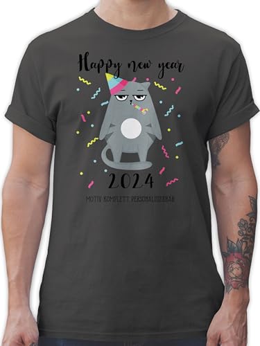 T-Shirt Herren - Silvester Outfit - Happy New Year 2024 - Grumpy Cat - XXL - Dunkelgrau - Tshirt Tiere Years Shirt für männer Shirts von Geschenk mit Namen personalisiert by Shirtracer