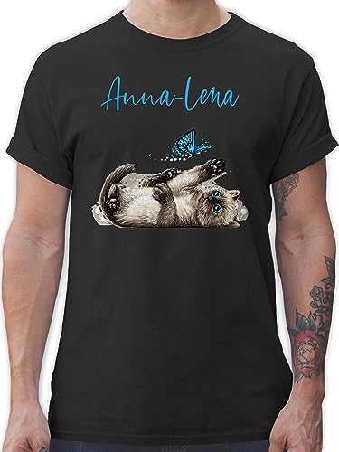 T-Shirt Herren - Katzen - Süße verspielte Katze Cat - M - Schwarz - katzenbesitzerin Name Shirt katzenliebhaberin katzenmotiv Cats Geschenke für eine personalisierte Bedrucken namens Druck und von Geschenk mit Namen personalisiert by Shirtracer