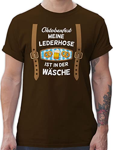 T-Shirt Herren - Kompatibel Oktoberfest - Meine Lederhose ist in der Wäsche - bairische Maß mit Brezen - L - Braun - Tshirt Mann Lederhosen Outfit bayrisch bayrische Shirts Bayern t Shirt t-Shirts von Geschenk mit Namen personalisiert by Shirtracer