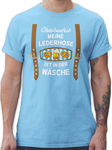 T-Shirt Herren personalisiert mit Namen - Kompatibel mit Oktoberfest - Meine Lederhose ist in der Wäsche - bairische Maß mit Brezen - L - Hellblau - lederhosen outfit oktoberfest-outfits - L190 von Geschenk mit Namen personalisiert by Shirtracer