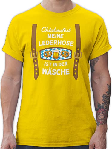 T-Shirt Herren - Kompatibel Oktoberfest - Meine Lederhose ist in der Wäsche - bairische Maß mit Brezen - XL - Gelb - männer Shirt Lederhosen Tshirt Mann Shirts für t Fun Outfit von Geschenk mit Namen personalisiert by Shirtracer