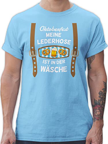 T-Shirt Herren - Kompatibel Oktoberfest - Meine Lederhose ist in der Wäsche - bairische Maß mit Brezen - XL - Hellblau - Lederhosen Tshirt Mann Outfit Trachten noch Tshirts für männer bayrische von Geschenk mit Namen personalisiert by Shirtracer