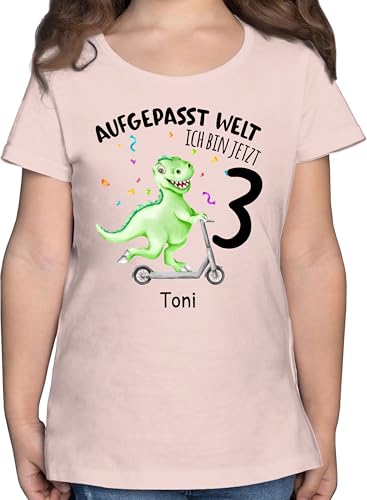 T-Shirt Mädchen - 3. Geburtstag - Aufgepasst Welt - Ich Bin jetzt 3 - Dino Dinosaurier Saurier - 104 (3/4 Jahre) - Rosa - t Shirt geburtstagsshirt Jahre dritter Schon Tshirt Geburtstags von Geschenk mit Namen personalisiert by Shirtracer