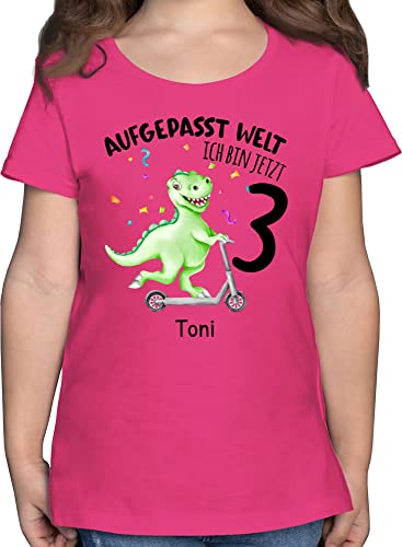 T-Shirt Mädchen - 3. Geburtstag - Aufgepasst Welt - Ich Bin jetzt 3 - Dino Dinosaurier Saurier - 116 (5/6 Jahre) - Fuchsia - t Shirt geburtstagsshirt Jahre dritter Schon Tshirt Geburtstags von Geschenk mit Namen personalisiert by Shirtracer