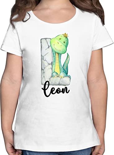 T-Shirt Mädchen - Anfangsbuchstabe Name - Dinos Dinosaurier Dino Buchstabe - 128 (7/8 Jahre) - Weiß - namens Tshirt Kinder Buchstaben Shirt t-Shirts Bedruckt initialen Shirts personalisiertes von Geschenk mit Namen personalisiert by Shirtracer