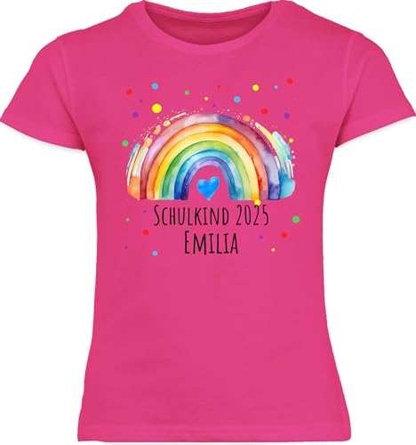 T-Shirt Mädchen - Einschulung - Schulkind 2025 Regenbogen mit Name - 128 (7/8 Jahre) - Fuchsia - Tshirt Shirt zum Schulanfang schulanfänger t-Shirts t kinderkleidung Schulstart von Geschenk mit Namen personalisiert by Shirtracer