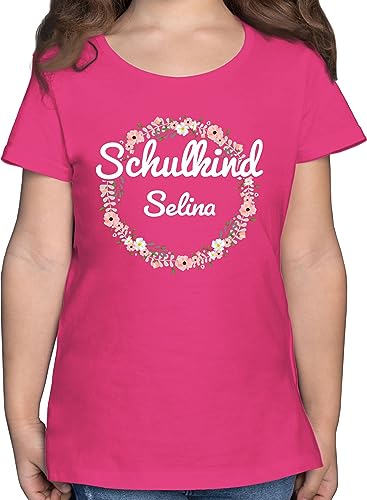 T-Shirt Mädchen - Einschulung - Schulkind Blumenkranz mit Name - 140 (9/11 Jahre) - Fuchsia - schuleingangs Tshirt personalisiertes Schulanfang Shirt einschulungstshirts schulanfänger Shirts von Geschenk mit Namen personalisiert by Shirtracer
