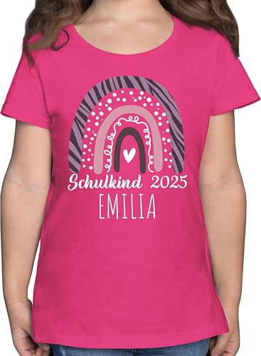 T-Shirt Mädchen - Einschulung - Zebra Leo Muster Regenbogen Schulkind 2025 Weiss mit Namen - 128 (7/8 Jahre) - Fuchsia - schuleingangs Tshirt personalisiertes Schulanfang 2023 Shirt von Geschenk mit Namen personalisiert by Shirtracer