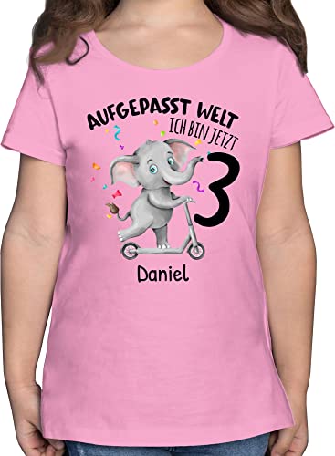 T-Shirt Mädchen - 3. Geburtstag - Aufgepasst Welt - Ich Bin jetzt 3 - Elefant - 104 (3/4 Jahre) - Rosa - Shirt DREI Jahre Tshirt Kinder Name personalisierte Geschenke für dreijährige Shirts von Geschenk mit Namen personalisiert by Shirtracer