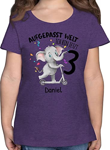 T-Shirt Mädchen - 3. Geburtstag - Aufgepasst Welt - Ich Bin jetzt 3 - Elefant - 116 (5/6 Jahre) - Lila Meliert - t Shirt geburtstagsshirt Jahre dritter Name und Zahl Tshirt Shirts Geburtstags von Geschenk mit Namen personalisiert by Shirtracer