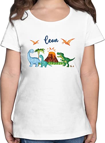 T-Shirt Mädchen - Dinosaurier Dino Dinos - 104 (3/4 Jahre) - Weiß - Shirt und Name Maedchen Tshirt t personalisierte Kinder Tieren Einschulung Shirts Personalisieren saurier Schulkind für Motiv von Geschenk mit Namen personalisiert by Shirtracer