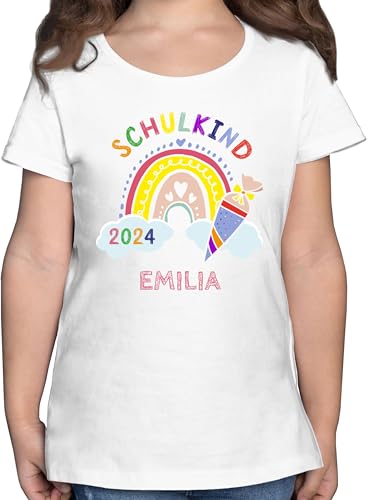 T-Shirt Mädchen - Einschulung - Schulkind 2024 Regenbogen - 116 (5/6 Jahre) - Weiß - personalisierte Tshirt Kinder Schulanfang schulanfangsgeschenke Shirt Einschulung. t einschulungsgeschenke Name von Geschenk mit Namen personalisiert by Shirtracer