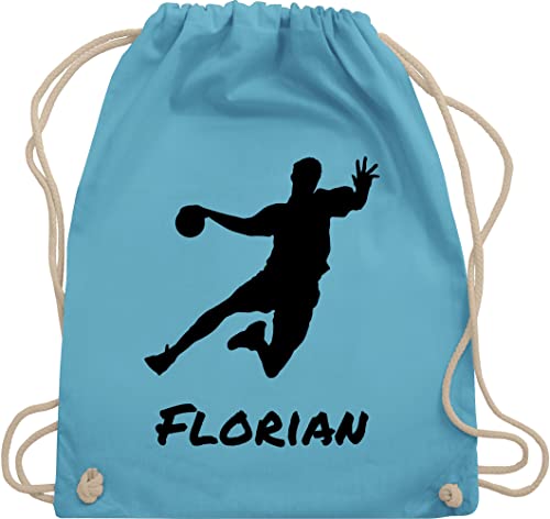 Turnbeutel Rucksack - Geschenke Handball Zubehör - Handballer Silhouette mit Name - Unisize - Hellblau - für handballtasche von personalisiertes beutel handballrucksäcke wm turnsack tasche von Geschenk mit Namen personalisiert by Shirtracer