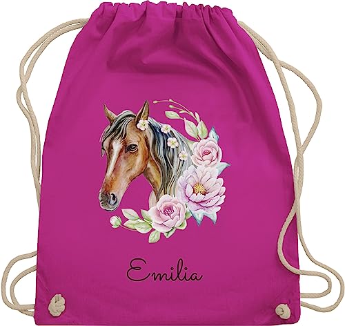 Turnbeutel Rucksack - Pferd Pferde - Wunschname Pferdekopf Name - Unisize - Fuchsia - kita reit sachen für mädchen pferdeliebhaber beutel stoffbeutel kindergarten pferdefan sporttasche von Geschenk mit Namen personalisiert by Shirtracer