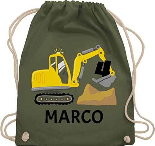 Turnbeutel Rucksack - 4. Geburtstag - Bagger Name zum Vierten - Unisize - Olivgrün - kindergarten kinder 4 jahre 4.geburtstag beutel stoffbeutel sportbeutel turnsackerl kinderturnbeutel von Geschenk mit Namen personalisiert by Shirtracer