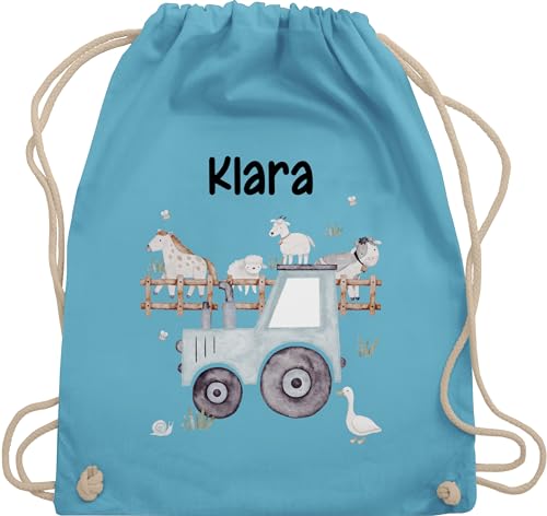 Turnbeutel Rucksack - Bauernhof Traktor Tiere mit Namen Landwirtschaftlicher Tiermotiv Bauernhoftieren - Unisize - Hellblau - personalisierter kinderrucksack stoffbeutel trecker traktoren von Geschenk mit Namen personalisiert by Shirtracer