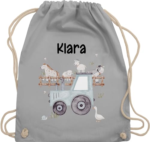 Turnbeutel Rucksack - Bauernhof Traktor Tiere mit Namen Landwirtschaftlicher Tiermotiv Bauernhoftieren - Unisize - Hellgrau - personalisierter kinderrucksack stoffbeutel trecker traktoren von Geschenk mit Namen personalisiert by Shirtracer