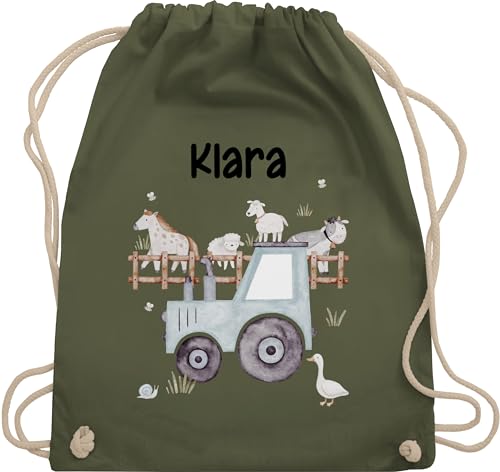 Turnbeutel Rucksack - Bauernhof Traktor Tiere mit Namen Landwirtschaftlicher Tiermotiv Bauernhoftieren - Unisize - Olivgrün - personalisierter kinderrucksack stoffbeutel trecker traktoren beutel von Geschenk mit Namen personalisiert by Shirtracer