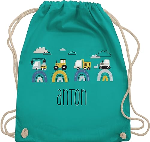 Turnbeutel Rucksack - Baustelle Traktor Bagger Kran Kipper LKW Planierraupe - Unisize - Türkis - stoffbeutel name kindergarten und stoff für jungs personalisierter beutel wechselkleidung trecker von Geschenk mit Namen personalisiert by Shirtracer