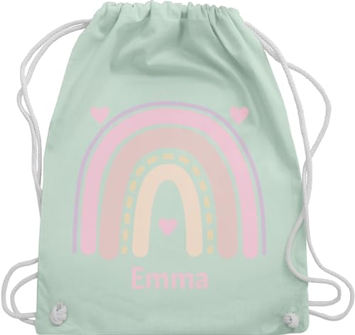 Turnbeutel Rucksack - Boho - Regenbogen - Herzchen Name - Unisize - Pastell Grün - rucksäcke kindergarten taschen baumwolle beutel kinder giddah stoff einschulung tasche stoffbeutel kordelzug von Geschenk mit Namen personalisiert by Shirtracer