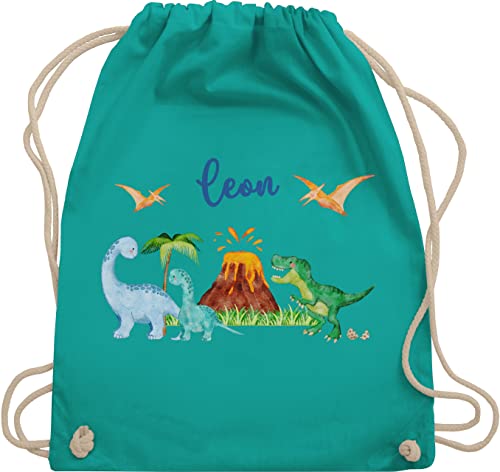 Turnbeutel Rucksack - Dinosaurier Dino Dinos - Unisize - Türkis - stoff kinder beutel kita wechselsachen wechselbeutel kindergarten kindergartentasche wechselkleidung start junge name jungen von Geschenk mit Namen personalisiert by Shirtracer