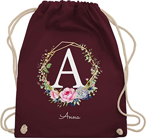 Turnbeutel Rucksack - Initialen - Personalisierte Geschenke Frauen I Geschenkideen Mädchen mit Namen I Geschenke Freundin - Unisize - Bordeauxrot - schulkind beutel buchstaben blumenkranz von Geschenk mit Namen personalisiert by Shirtracer
