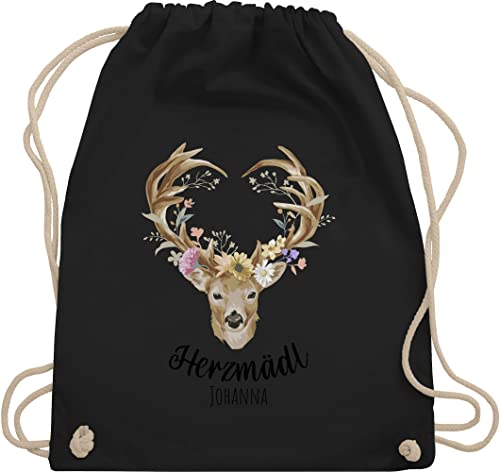 Turnbeutel Rucksack - Kompatibel Oktoberfest - Herzmädl Hirsch Geweih Hirschgeweih Madl - Unisize - Schwarz - oktoberfest-tasche trachten name turnsack trachtenrucksack bayrisch herz rucksäcke von Geschenk mit Namen personalisiert by Shirtracer
