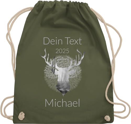 Turnbeutel Rucksack - Kompatibel Oktoberfest - Tag Cloud - Hirsch und Name in Silbergrau - Unisize - Olivgrün - oktoberfest-tasche trachten beutel trachtenrucksack bayrisch beutelrucksäcke von Geschenk mit Namen personalisiert by Shirtracer