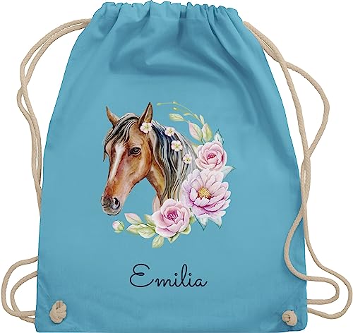 Turnbeutel Rucksack - Pferd Pferde - Wunschname Pferdekopf Name - Unisize - Hellblau - pferderucksäcke mädchen geschenke für reiterinnen turn beutel kita tasche reitsport reit sachen von Geschenk mit Namen personalisiert by Shirtracer