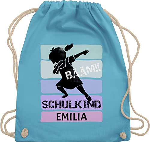 Turnbeutel Rucksack - Schulanfang Einschulung - BÄÄM!! Schulkind Mädchen - Unisize - Hellblau - name erster schultag sportbeutel schulanfänger bääm juterucksäcke personalisierter schul beutel von Geschenk mit Namen personalisiert by Shirtracer