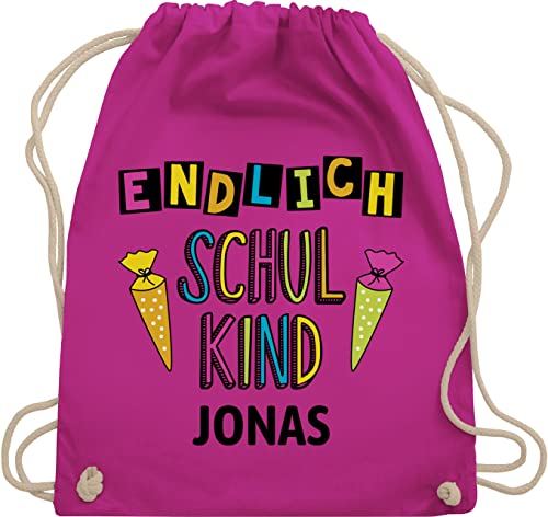 Turnbeutel Rucksack - Schulanfang Einschulung - Endlich Schulkind - Unisize - Fuchsia - sportbeutel schul beutel schulkinder erster sporttasche personalisierte schule einschulungs ich bin ein von Geschenk mit Namen personalisiert by Shirtracer