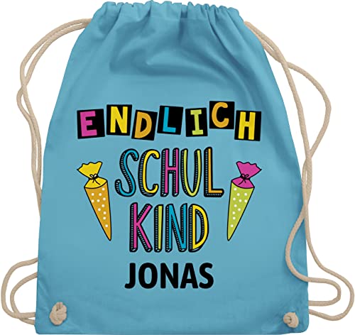 Turnbeutel Rucksack - Schulanfang Einschulung - Endlich Schulkind - Unisize - Hellblau - schule jungen erster schultag sportbeutel schulanfänger ich bin sporttasche schul beutel von Geschenk mit Namen personalisiert by Shirtracer