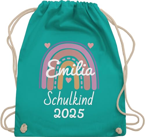 Turnbeutel Rucksack - Schulanfang Einschulung - Schulkind 2025 Boho Regenbogen - Unisize - Türkis - name erster schultag sportbeutel schulanfänger stoffbeutel schul beutel einschulung-schulkind von Geschenk mit Namen personalisiert by Shirtracer