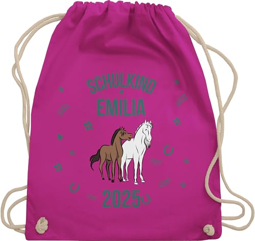 Turnbeutel Rucksack - Schulanfang Einschulung - Schulkind 2025 - Name und Pferde - Unisize - Fuchsia - beutel schule erster schultag sportbeutel schulanfänger pferd stoffbeutel jungen schulbeutel von Geschenk mit Namen personalisiert by Shirtracer