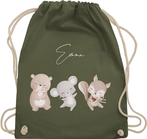 Turnbeutel Rucksack - Tiere - Bär Maus Eichhörnchen süße Waldtiere mit Name - Unisize - Olivgrün - personalisierte beutel kindergarten personalisierter stoffbeutel kinder tier tierfiguren von Geschenk mit Namen personalisiert by Shirtracer