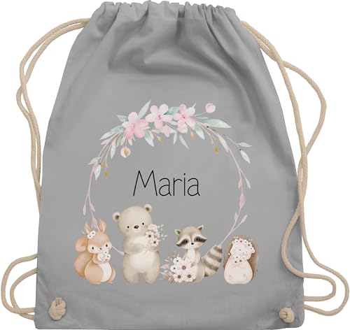 Turnbeutel Rucksack - Tiere - Kinder Geschenkidee Waldtiere mit Name I Nikolaus Geschenk Kinder I Eichhörnchen I Bär I Waschbär I Igel - Unisize - Hellgrau - personalisierte kindergarten beutel von Geschenk mit Namen personalisiert by Shirtracer
