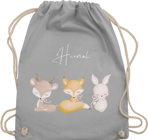 Turnbeutel Rucksack - Tiere - Reh Fuchs Hase süße Waldtiere mit Name - Unisize - Hellgrau - kindergarten beutel wechselkleidung personalisierter stoffbeutel kinder personalisierte geschenke hasen von Geschenk mit Namen personalisiert by Shirtracer